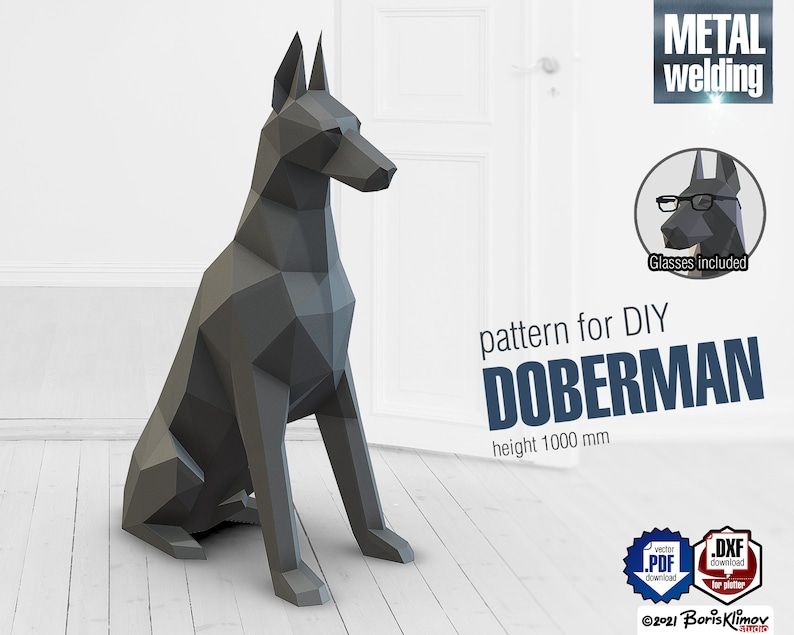 Doberman DIY metal welding low poly 3d model digital pattern. .pdf, .svg, .dxf image 1