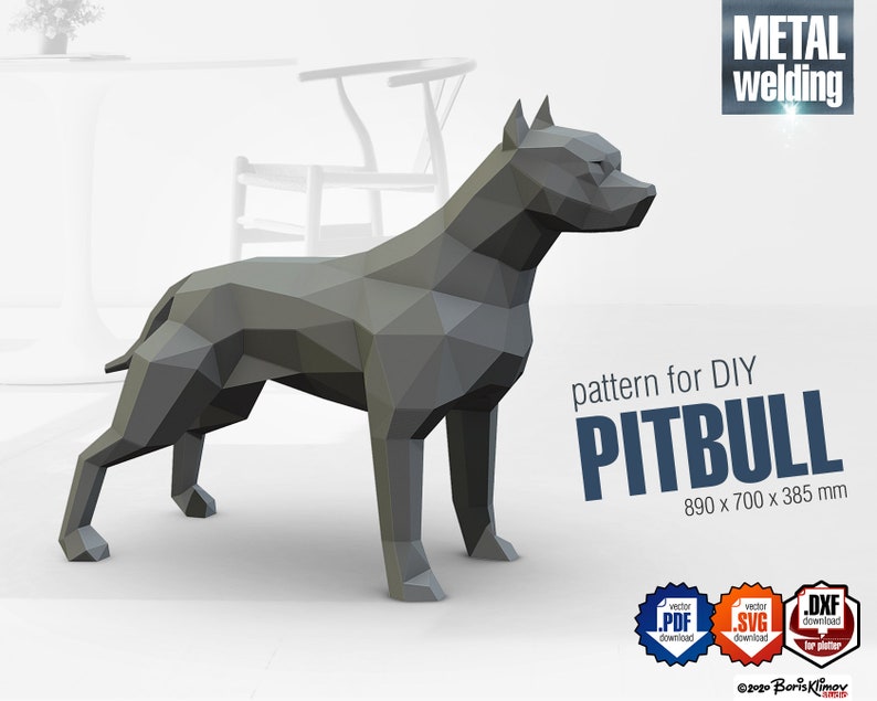 Pitbull DIY metal welding low poly 3d model digital pattern. PDF, dxf image 1