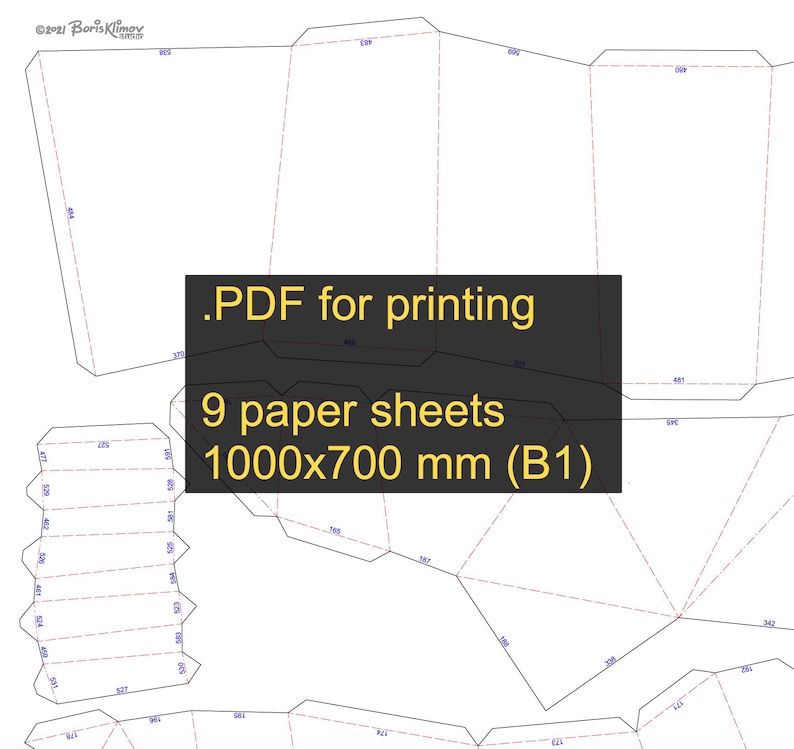 May include: A detailed diagram for a paper craft project, featuring dashed lines and measurements. The image includes text that reads ".PDF for printing, 9 paper sheets, 1000x700 mm (B1)". The design is intended for printing and cutting.