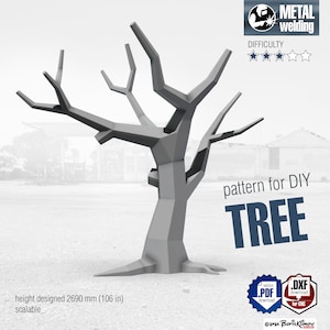 May include: A digital pattern for a DIY metal tree sculpture. The tree is made of geometric shapes and is 2690 mm tall. The pattern is available for download in PDF and DXF formats.