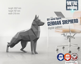 May include: A gray metal German Shepherd dog sculpture, a DIY metal figure, with dimensions of 1057 mm in length, 787 mm in height, and 319 mm in width. The sculpture is made of metal and is designed to be assembled. The image also includes the text "DIY metal figure GERMAN SHEPHERD digital pattern".