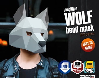Wolf, dog simple DIY 3d paper head mask pattern, digital layout.