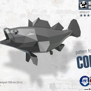 May include: A 3D model of a cod fish made of metal. The model is designed to be welded together and is 59 inches long. The image includes the text "pattern for DIY COD" and "length designed 1500 mm (59 in) scalable".