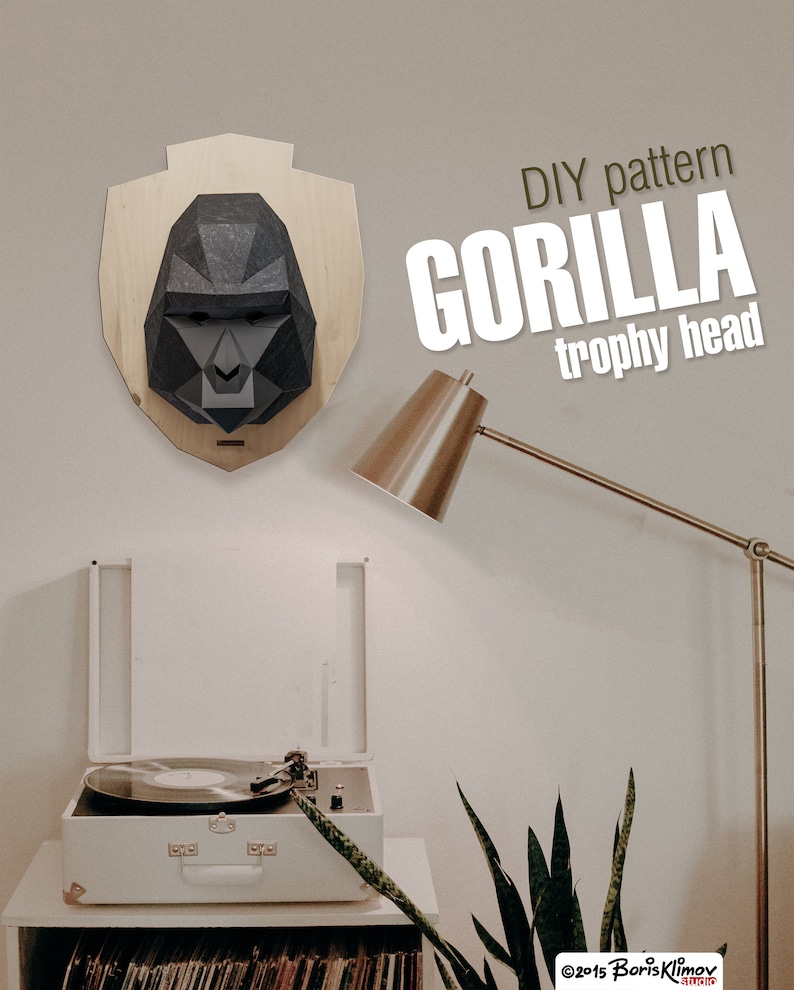 Paper mask. digital pattern for papercraft Gorilla 3d trophy head Model for assembling PDF for A4 DIY layout