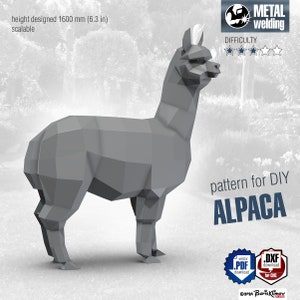 May include: A gray, polygonal 3D model of an alpaca, designed for metal welding. The model is 6.3 inches tall and is scalable. The image includes the text "pattern for DIY ALPACA" and "METAL welding".