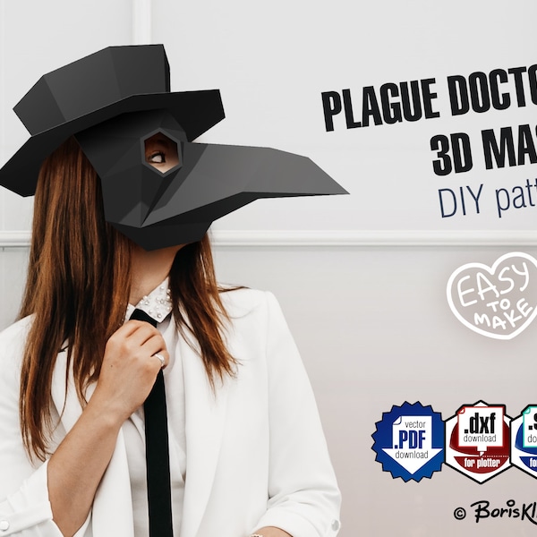 Plague doctor mask with hat - DIY 3d paper craft, digital pattern in .pdf, dxf, svg for A4