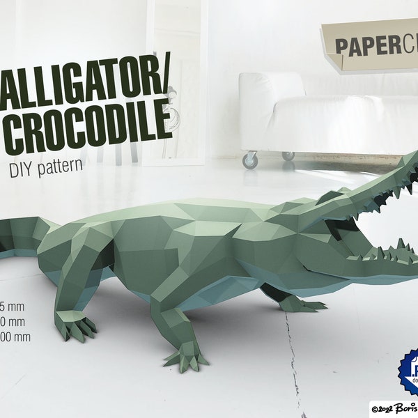 Crocodile, alligator, modèle 3D DIY PAPERCRAFT low poly, à l'aide de ce modèle numérique .pdf sur du papier A4