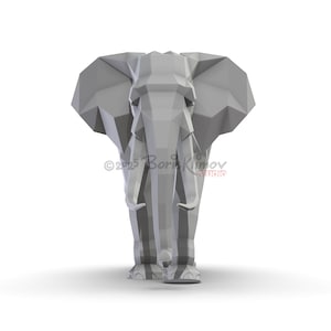 May include: A gray, geometric elephant sculpture with large ears and tusks. The artwork is a low-poly design, giving it a modern, angular appearance. The artist's name and studio are visible in the lower right corner.