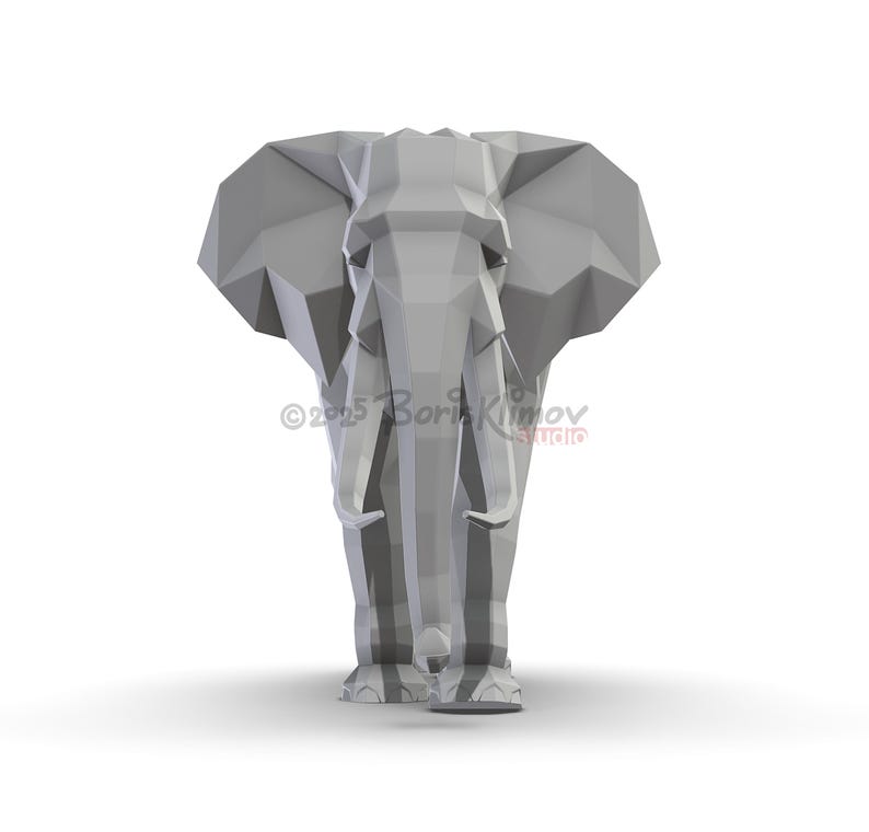May include: A gray, geometric elephant sculpture with large ears and tusks. The artwork is a low-poly design, giving it a modern, angular appearance. The artist's name and studio are visible in the lower right corner.