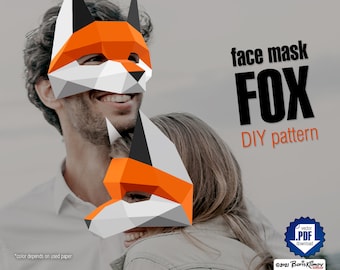 Patrón de mascarilla facial de papel 3D DIY de zorro y lobo, diseño digital