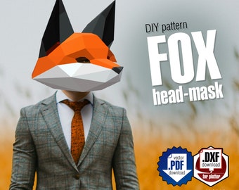 Fox 3d head mask, DIY layout, digital .pdf pattern for papercraft. Paper mask idea for wedding, holiday, promotion, photo shooting, birthday