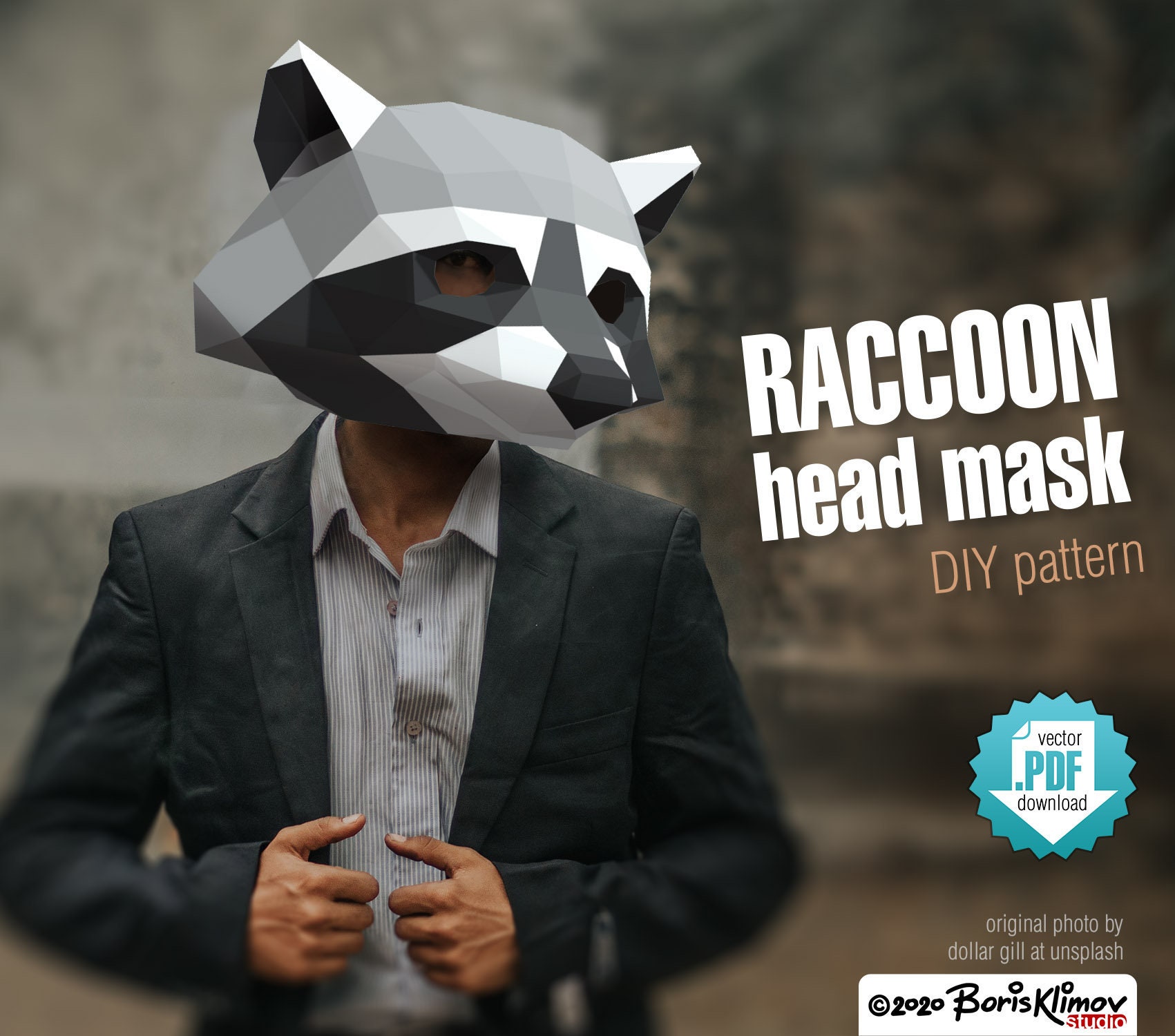Raccoon Diy 3d Paper Head Mask Pattern Digital Layout Etsy