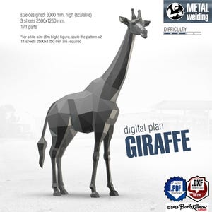 May include: A digital plan for a geometric giraffe sculpture. The design is 3000 mm high and requires 3 sheets of 2500x1250 mm material. The image includes the text "digital plan GIRAFFE" and "METAL welding".