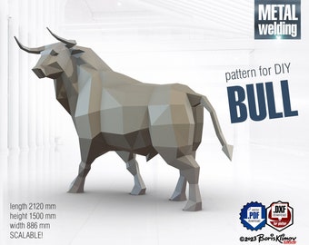 May include: A 3D model of a bull, made of metal, with a gray finish. The model is 2120 mm long, 1500 mm high, and 886 mm wide. The model is scalable and can be used for DIY projects. The image includes the text "METAL welding pattern for DIY BULL".