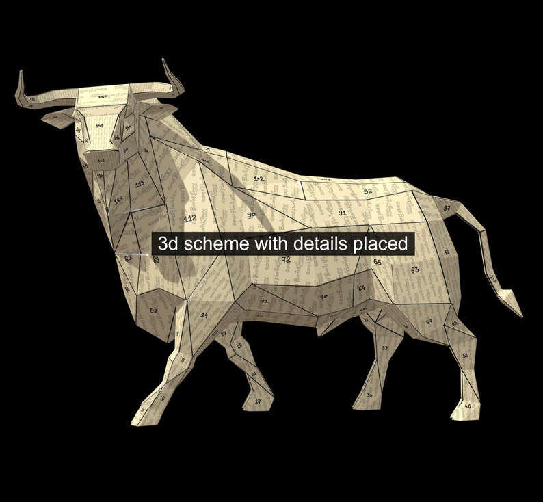 Bull Digital plan for DIY metal welding a low poly 3d model. Digital files .pdf scheme, .dxf CNC cutting, .pdo read only 3d view zdjęcie 6