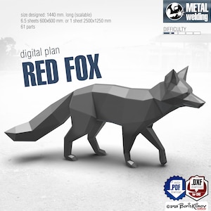 Könnte beinhalten: Ein digitaler Plan für eine geometrische Metallfuchsskulptur. Der Text lautet: digital plan RED FOX, size designed: 1440 mm. long (scalable), 6.5 sheets 600x600 mm. oder 1 sheet 2500x1250 mm, 61 parts, METAL welding, DIFFICULTY, vector PDF download, DXF download for CNC, 2026 BorisKlimov.