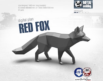 May include: A digital plan for a geometric metal fox sculpture. The text reads: digital plan RED FOX, size designed: 1440 mm. long (scalable), 6.5 sheets 600x600 mm. or 1 sheet 2500x1250 mm, 61 parts, METAL welding, DIFFICULTY, vector PDF download, DXF download for CNC, 2026 BorisKlimov.