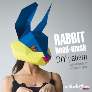 Cute rabbit 3d head mask, DIY layout, digital pattern for papercraft. Model for assembling. PDF for A4. Paper mask.