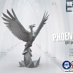 Może przedstawiać: Szara geometryczna rzeźba feniksa z rozpostartymi skrzydłami. Tekst zawiera napisy METAL welding, PHOENIX DIY pattern, Z 2000 mm, Y 860 mm, X 1884 mm, vector PDF download, DXF download for plotter oraz 2022 Boris Klimov.