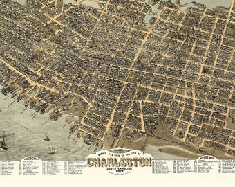 Charleston SC Bird's Eye View of the City, 1872 - Reproduction Vintage Map