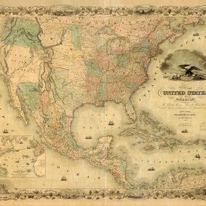 Vintage US Map Reproduction by J. H. Colton - US and British Provinces 1849