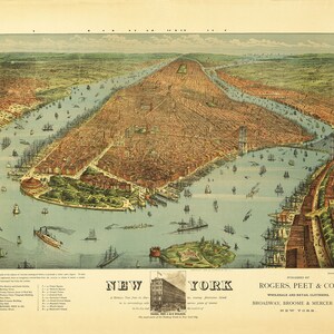 New York, Manhattan Island Bird&#39;s Eye View Map 1879 - Fine Art Reproduction