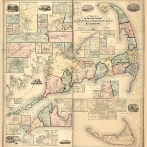 May include: A vintage map of Barnstable, Dukes, and Nantucket counties in Massachusetts, dated 1850. The map features detailed illustrations of towns, roads, and waterways, with a cream-colored background and colorful borders.