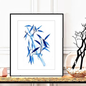 BAMBOO PAINTING Original Watercolor Bamboo Watercolor Japanese Art Blue Botanical Painting Gift Ideas