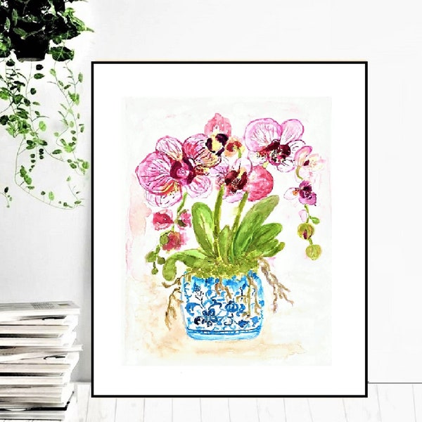Pink Orchids in chinois porcelain vase Painting Pink Flowers Printable Painting Pink Phalaenopsis Printable Watercolor Floral Home Décor