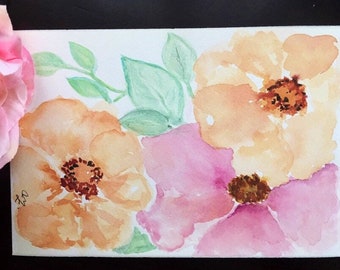 Floral Hand Painted Card,Handmade Card,Pink Flowers Card,Watercolor Painting Card