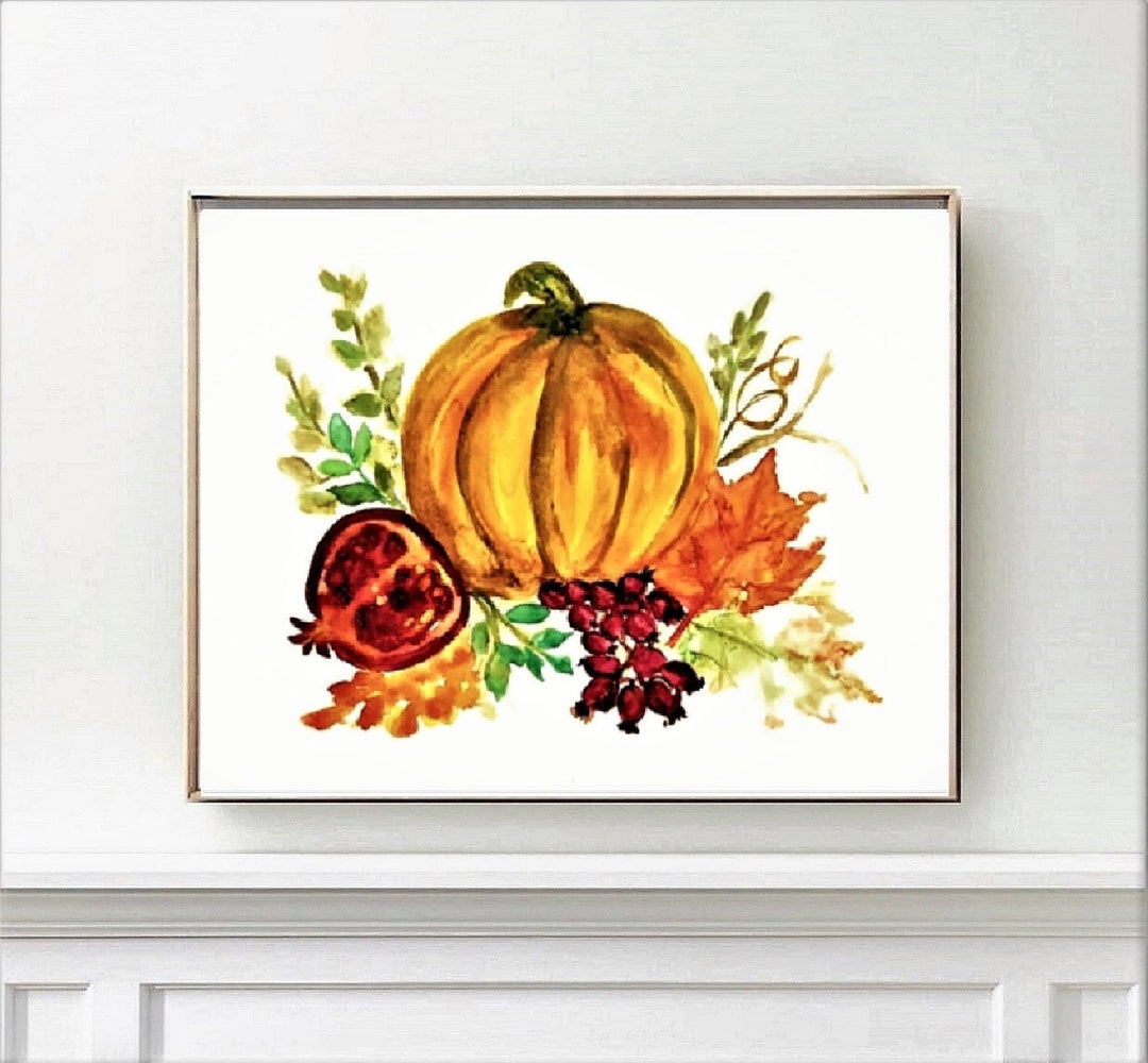Pumpkin and Berries Paintings Pumpkin Pomegranate and Flowers - Etsy