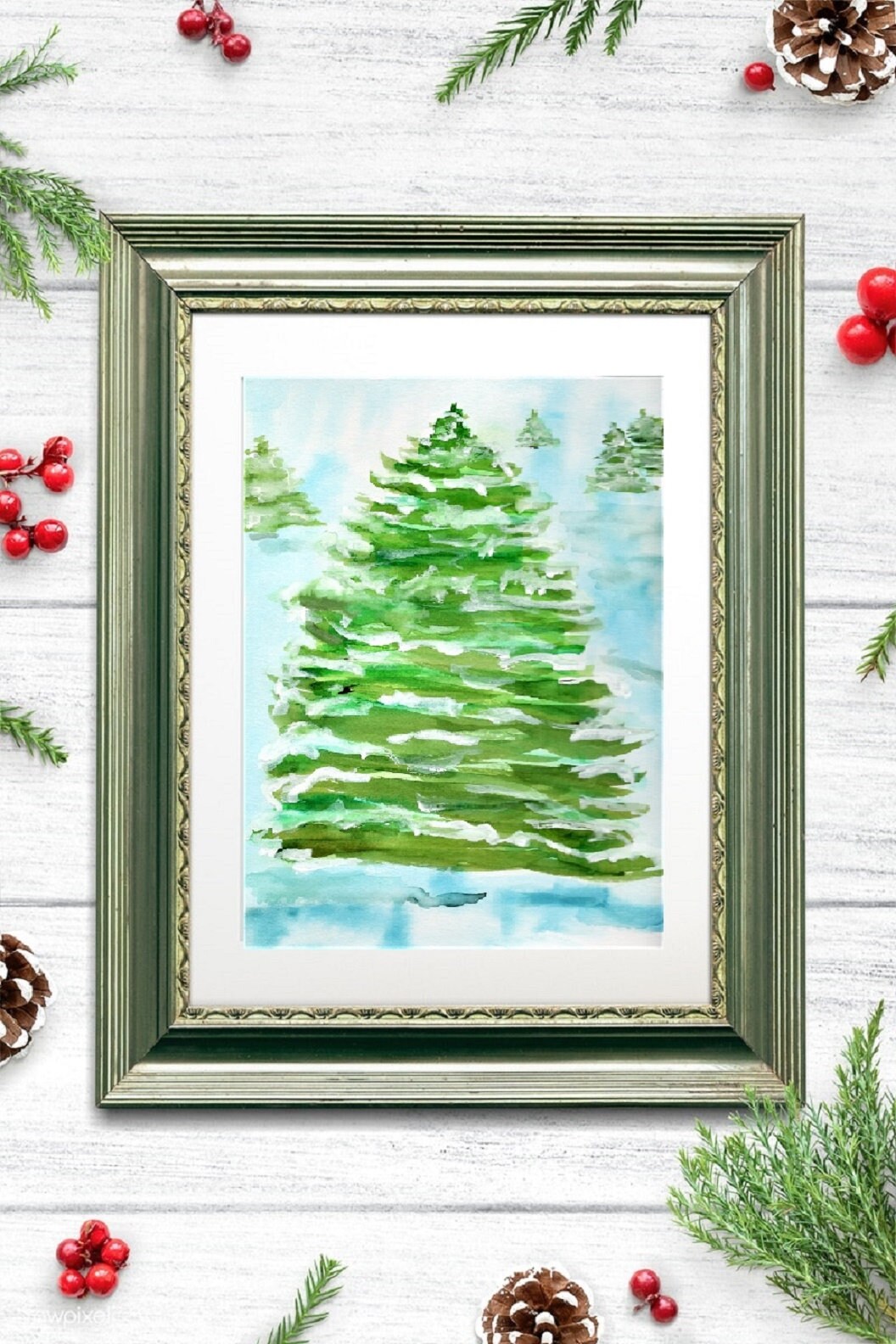 Green Pine Original Watercolor Painting /winter Wall Art/ Tree - Etsy