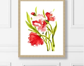 Flores rojas pintura imprimible acuarela estampado floral rojo flores minimalistas arte DESCARGA INSTANTE Decoraciones de pared imprimibles