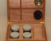 Oak and curly maple cannabis humidor, 10.5 quot wx8.5 quot dx4.5 quot h, 4 quarter oz jars, solid wood and 3 8 quot Mahogany lined, handcrafted
