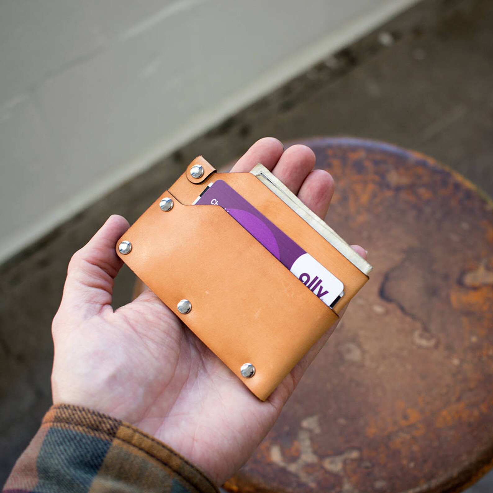 Slim Riveted Italian Vegetable Tanned Leather Wallet Etsy