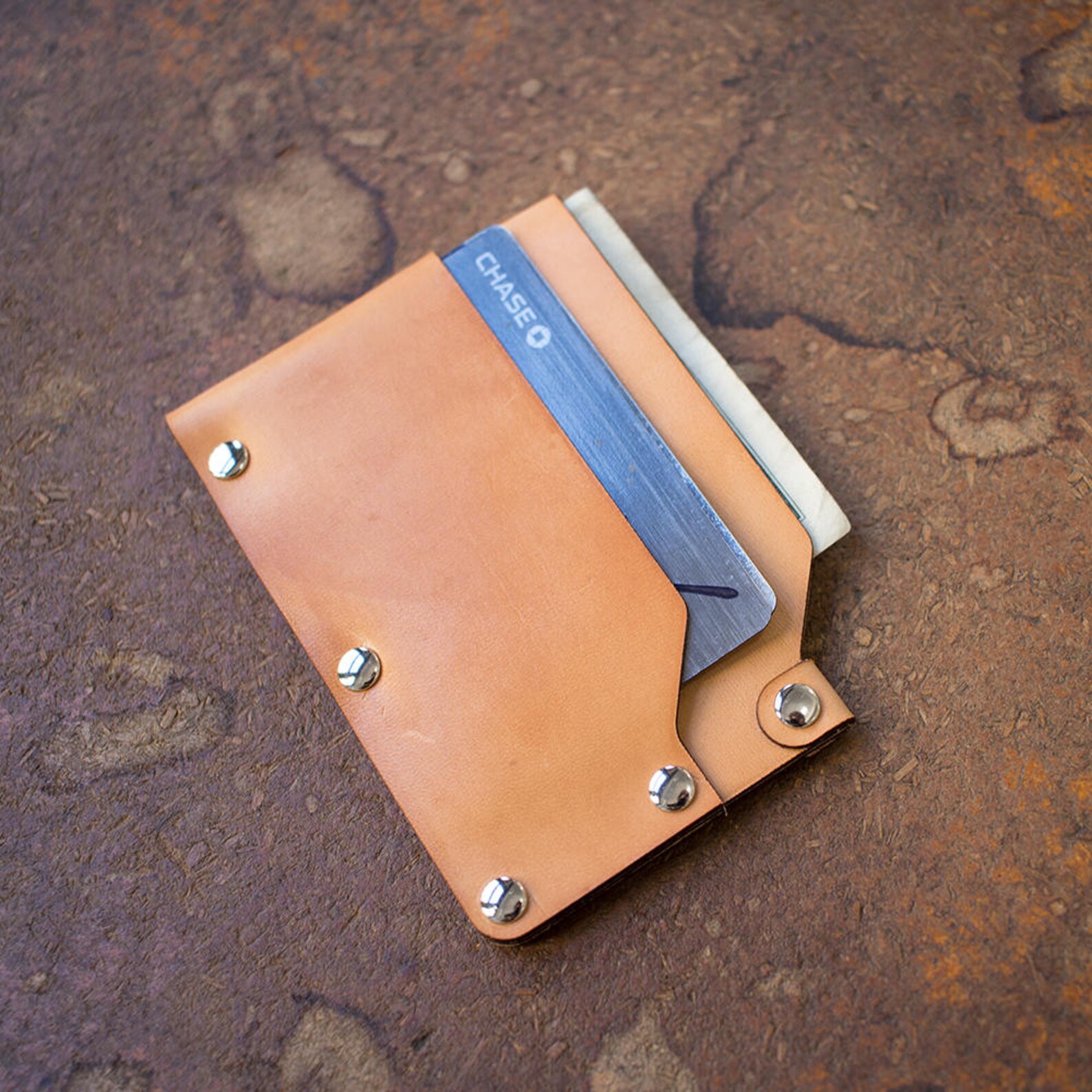 Slim Riveted Italian Vegetable Tanned Leather Wallet Etsy