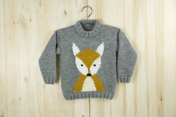 Hand knit gray animal kids boys Girls fox sweater long sleeve jumper 2 3 years handmade children kids sweater boys clothing