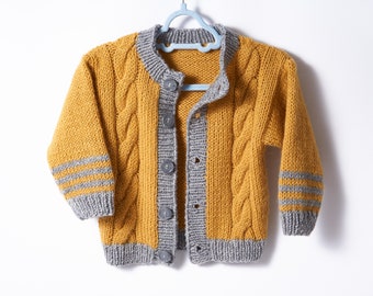 Mustard toddler cardigan from 12 to 24 months Hand knit mustard yellow baby jacket with buttons