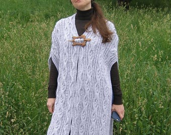 Poncho de punto grueso de lana gris de invierno tejido a mano para mujer, ropa de capa, poncho de punto gris para mujer