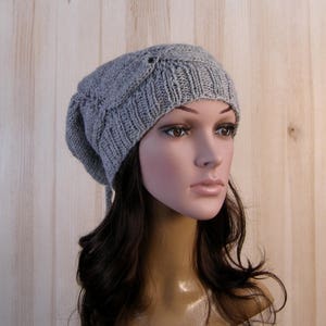 Gray Women's Winter Slouchy Beanie Hat Gray Women's Winter Hand Knit Hat wool knit hat pom pom hats for women's image 2