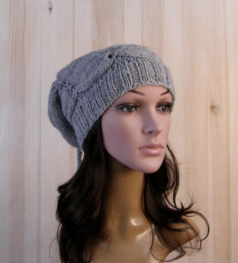Gray Women's Winter Slouchy Beanie Hat Gray Women's Winter Hand Knit Hat wool knit hat pom pom hats for women's image 2