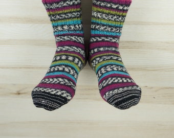 Knitted women's wool socks, striped colorful handmade hand knitted socks for women or girl