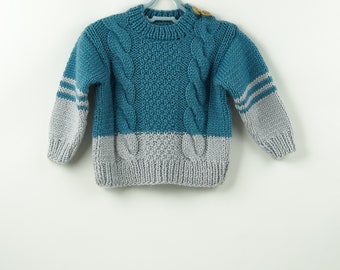 Blue Gray Boy's Girl's Kid's Handmade Hand Knit Wool Warm Sweaters