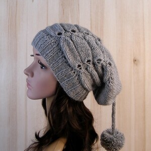 Gray Women's Winter Slouchy Beanie Hat Gray Women's Winter Hand Knit Hat wool knit hat pom pom hats for women's image 9