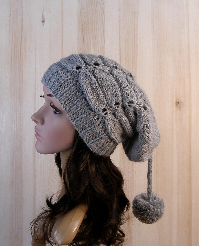 Gray Women's Winter Slouchy Beanie Hat Gray Women's Winter Hand Knit Hat wool knit hat pom pom hats for women's image 9