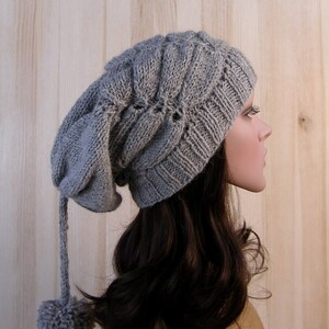 Gray Women's Winter Slouchy Beanie Hat Gray Women's Winter Hand Knit Hat wool knit hat pom pom hats for women's image 3