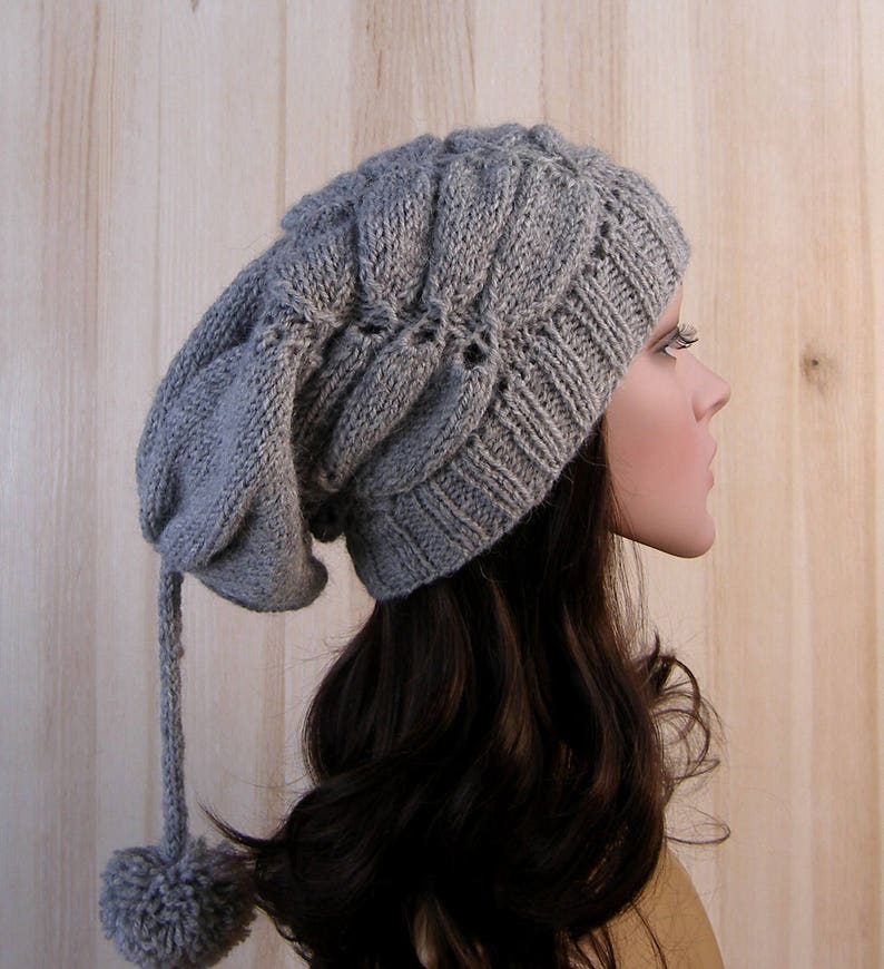 Gray Women's Winter Slouchy Beanie Hat Gray Women's Winter Hand Knit Hat wool knit hat pom pom hats for women's image 3