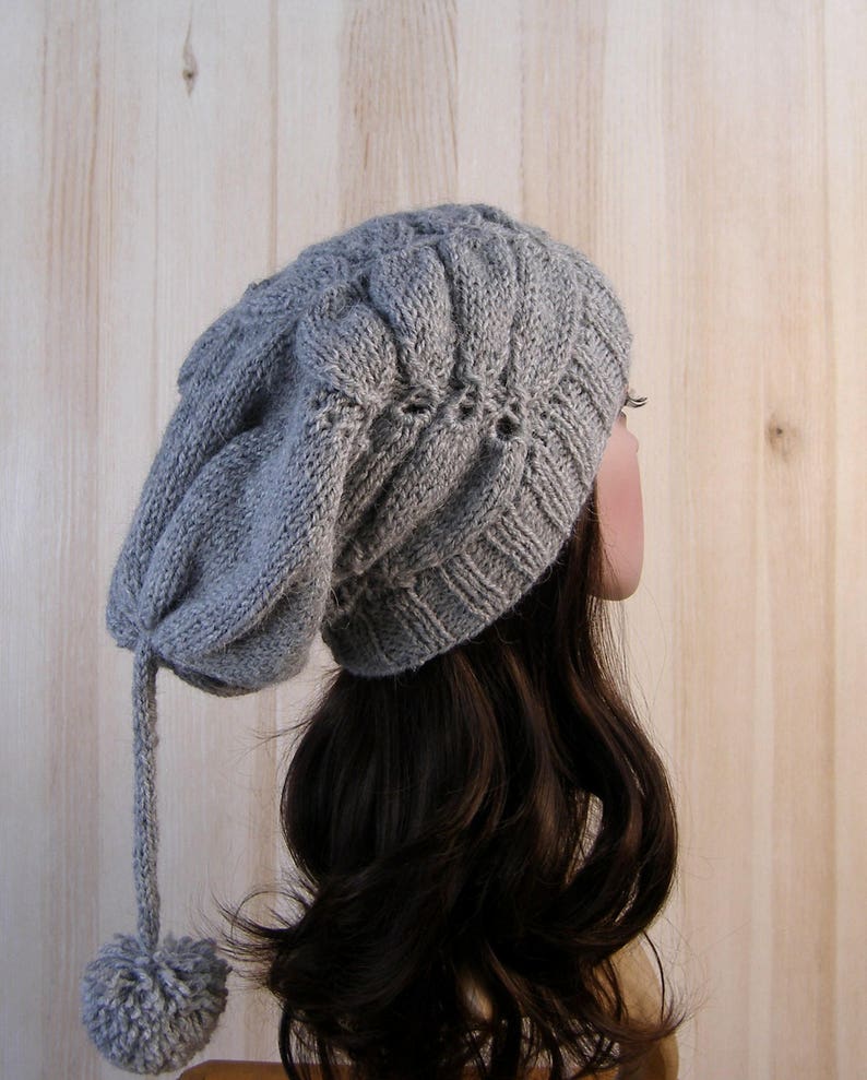 Gray Women's Winter Slouchy Beanie Hat Gray Women's Winter Hand Knit Hat wool knit hat pom pom hats for women's image 4