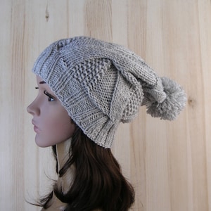 Light gray Winter wool hand knit women hat pom pom knitted hat for women chunky knit hat slouchy gray women knit hat