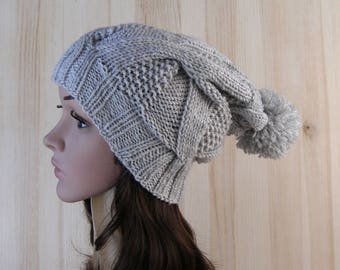 Light gray Winter wool hand knit women hat pom pom knitted hat for women chunky knit hat slouchy gray women knit hat